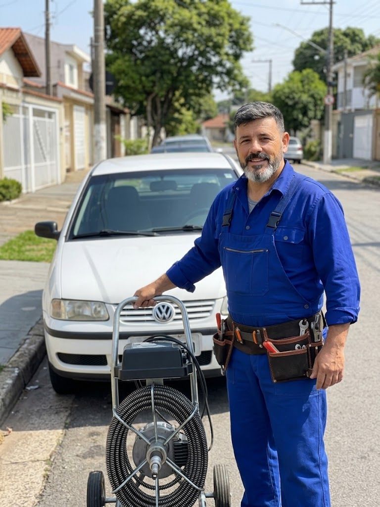João Desentupidor de macacão e cinturão de ferramentas, ao lado da van e da máquina de desentupimento, numa rua de Sorocaba